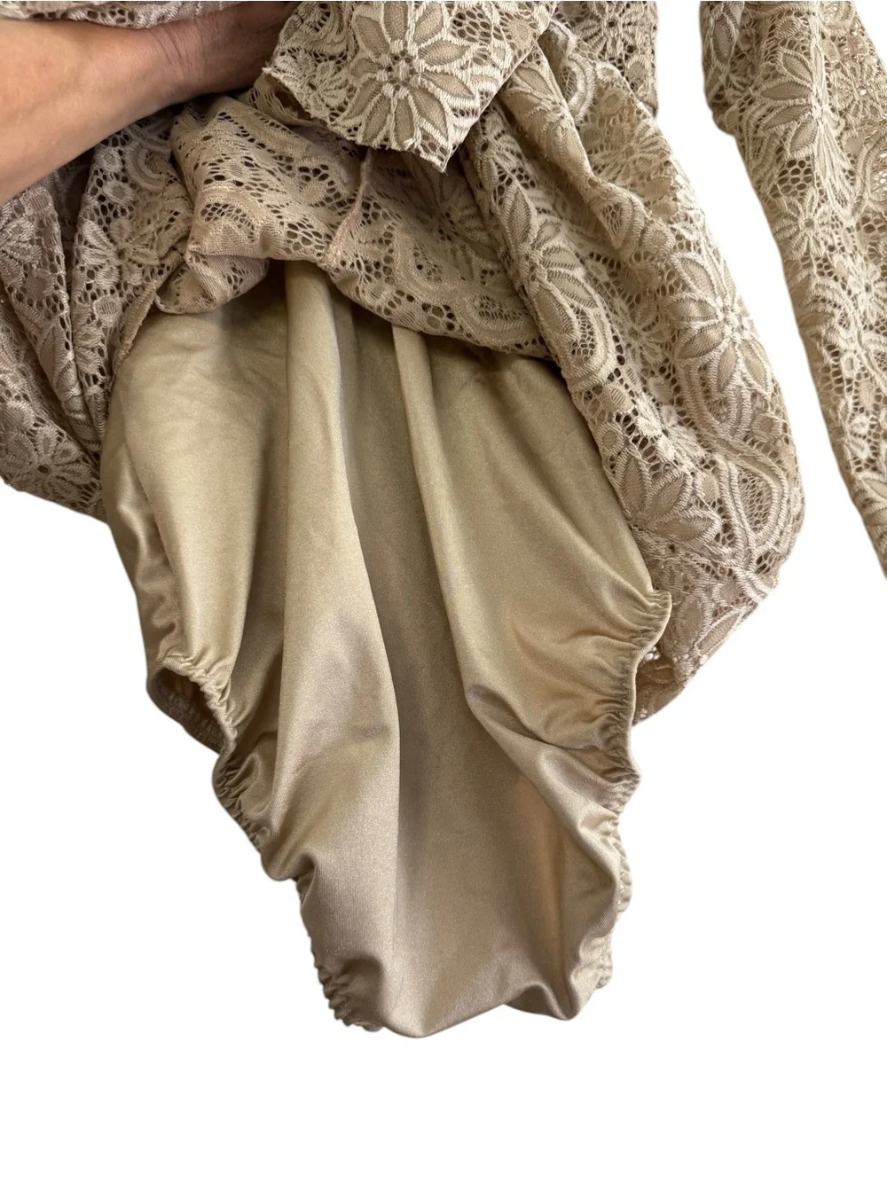 Custom Nude Lace Long-Sleeve Dance Dress with Rhinestone Accents